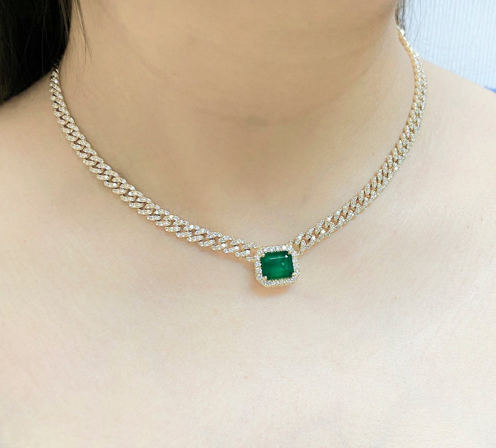(7 x 9 mm) Emerald & 5mm Diamond Cuban Necklace NL41151
